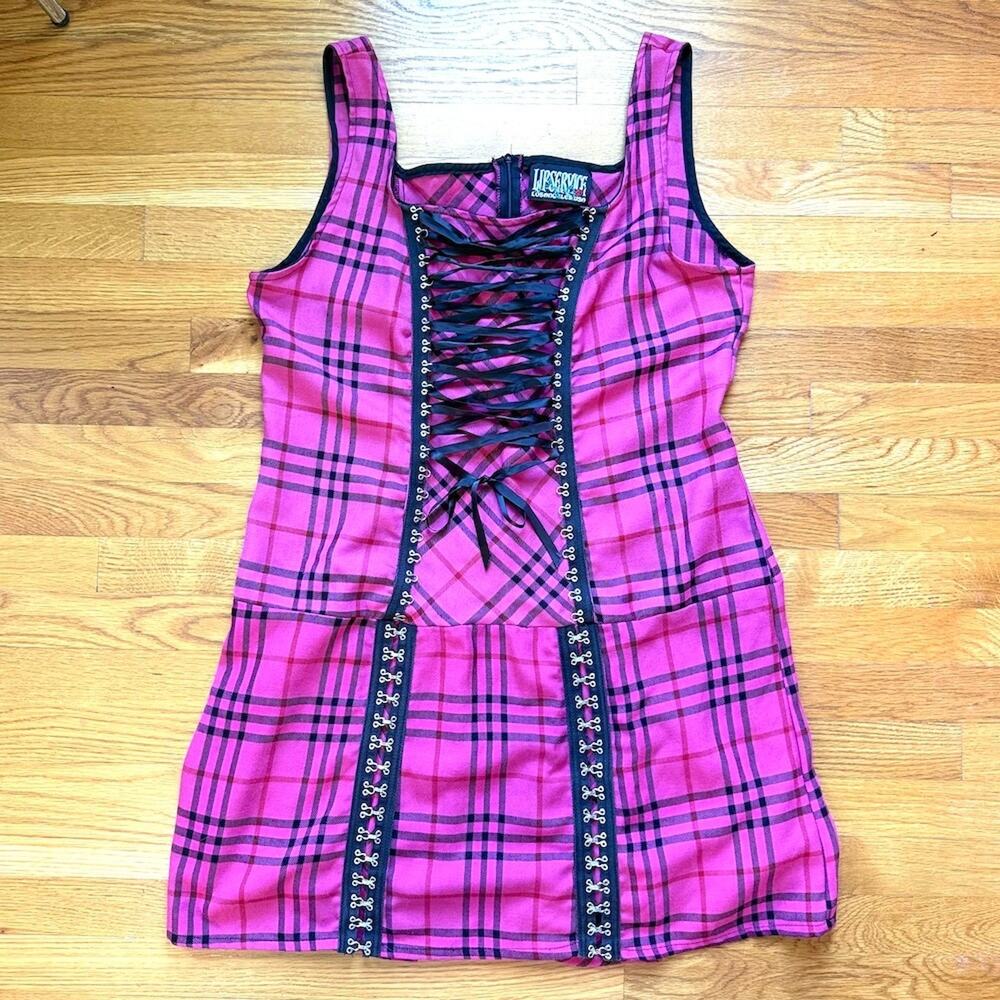 Vintage Lip Service Punk Goth Pink Plaid Lace-Up Hooks Dress Size 16